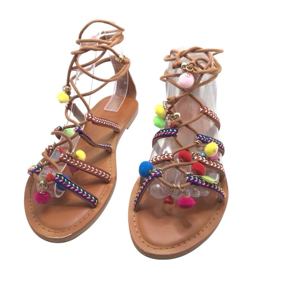 Mossimo Women’s Size 8.5 Gladiator Sandals Brown Boho Beaded Pom Pom Lace Up - Picture 4 of 12